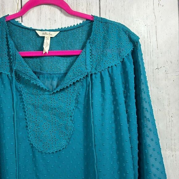 Matilda Jane Charismas Swiss Dot Peasant Boho Sheer Teal Green Top Blouse - Picture 4 of 13
